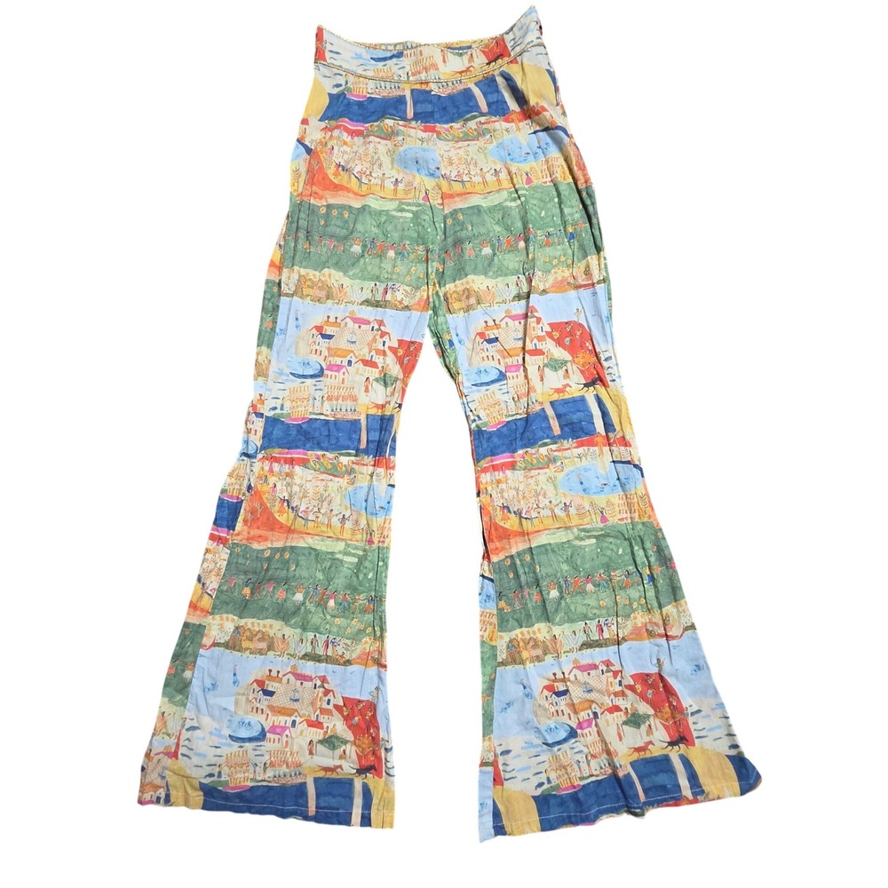 Celia B Womens Whimsical Village Print Wide Leg Flare Pants S/28 Euro Summer